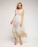 Vestido maxi sin mangas de batista y con bordados, largo irregular y ajustable a la cintura - Tantra Spain