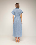 vestido midi camisero bordado de manga corta con cintura fruncida - Tantra Spain