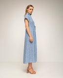 vestido midi camisero bordado de manga corta con cintura fruncida - Tantra Spain