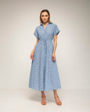 vestido midi camisero bordado de manga corta con cintura fruncida - Tantra Spain