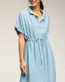 Vestido midi camisero de manga corta con cintura fruncida y bolsillos (BLUE) - Tantra Spain