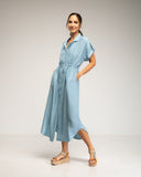 Vestido midi camisero de manga corta con cintura fruncida y bolsillos (BLUE) - Tantra Spain