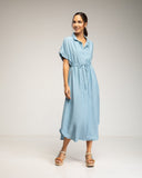 Vestido midi camisero de manga corta con cintura fruncida y bolsillos (BLUE) - Tantra Spain