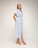 vestido midi camisero de rayas con bordados cinturon (Blue) - Tantra Spain