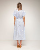vestido midi camisero de rayas con bordados cinturon (Blue) - Tantra Spain