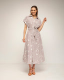 vestido midi camisero de rayas con bordados cinturon (Brown) - Tantra Spain