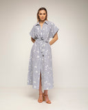 vestido midi camisero de rayas con bordados cinturon (Grey) - Tantra Spain
