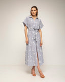 vestido midi camisero de rayas con bordados cinturon (Grey) - Tantra Spain
