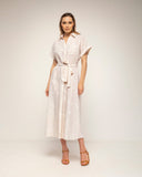 vestido midi camisero de rayas con bordados cinturon (Yellow) - Tantra Spain