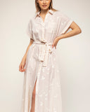 vestido midi camisero de rayas con bordados cinturon (Yellow) - Tantra Spain
