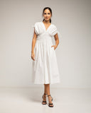 Vestido midi con cintura y pecho elastico, mangas fruncidas y bolsillos - Tantra Spain