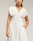 Vestido midi con cintura y pecho elastico, mangas fruncidas y bolsillos - Tantra Spain