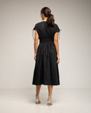 Vestido midi con cintura y pecho elastico, mangas fruncidas y bolsillos (BLACK) - Tantra Spain