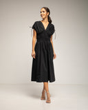 Vestido midi con cintura y pecho elastico, mangas fruncidas y bolsillos (BLACK) - Tantra Spain