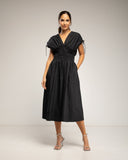 Vestido midi con cintura y pecho elastico, mangas fruncidas y bolsillos (BLACK) - Tantra Spain