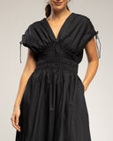 Vestido midi con cintura y pecho elastico, mangas fruncidas y bolsillos (BLACK) - Tantra Spain