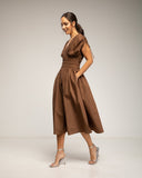 Vestido midi con cintura y pecho elastico, mangas fruncidas y bolsillos (BROWN) - Tantra Spain
