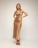 vestido midi con textura de seda con cuello fruncido recto y fluido - Tantra Spain