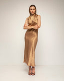 vestido midi con textura de seda con cuello fruncido recto y fluido - Tantra Spain