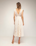 vestido midi con vuelo y detalles de encaje cuello pico por delante y detrás (Ecru) - Tantra Spain