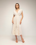 vestido midi con vuelo y detalles de encaje cuello pico por delante y detrás (Ecru) - Tantra Spain