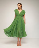 vestido midi con vuelo y detalles de encaje cuello pico por delante y detrás (Green) - Tantra Spain