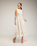 Vestido midi de encaje con vuelo, sin mangas y corte en la cintura - Tantra Spain