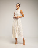 Vestido midi de encaje con vuelo, sin mangas y corte en la cintura - Tantra Spain