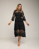 Vestido midi de guipur con transparencias en el escote y las mangas. - Tantra Spain