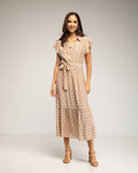 Vestido midi de lunares con botones en la parte de arriba, falda de vuelo y cinturón - Tantra Spain