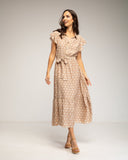 Vestido midi de lunares con botones en la parte de arriba, falda de vuelo y cinturón - Tantra Spain