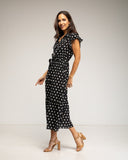 Vestido midi de lunares con botones en la parte de arriba, falda de vuelo y cinturón (BLACK) - Tantra Spain