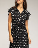 Vestido midi de lunares con botones en la parte de arriba, falda de vuelo y cinturón (BLACK) - Tantra Spain