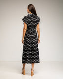 Vestido midi de lunares con botones en la parte de arriba, falda de vuelo y cinturón (BLACK) - Tantra Spain