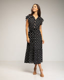 Vestido midi de lunares con botones en la parte de arriba, falda de vuelo y cinturón (BLACK) - Tantra Spain
