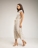 Vestido midi de lunares con botones en la parte de arriba, falda de vuelo y cinturón (BLANCO) - Tantra Spain