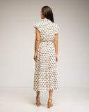 Vestido midi de lunares con botones en la parte de arriba, falda de vuelo y cinturón (BLANCO) - Tantra Spain
