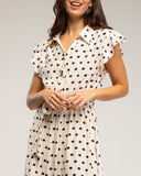 Vestido midi de lunares con botones en la parte de arriba, falda de vuelo y cinturón (BLANCO) - Tantra Spain