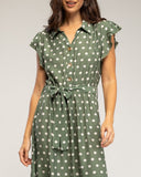 Vestido midi de lunares con botones en la parte de arriba, falda de vuelo y cinturón (KAKHI) - Tantra Spain