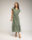 Vestido midi de lunares con botones en la parte de arriba, falda de vuelo y cinturón (KAKHI) - Tantra Spain