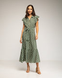 Vestido midi de lunares con botones en la parte de arriba, falda de vuelo y cinturón (KAKHI) - Tantra Spain