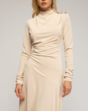 Vestido midi de manga larga con frunce lateral y falda asimetrica con vuelo. Detalle de botones en el hombro. - Tantra Spain