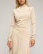 Vestido midi de manga larga con frunce lateral y falda asimetrica con vuelo. Detalle de botones en el hombro. - Tantra Spain