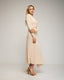 Vestido midi de manga larga con frunce lateral y falda asimetrica con vuelo. Detalle de botones en el hombro. - Tantra Spain