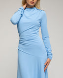 Vestido midi de manga larga con frunce lateral y falda asimetrica con vuelo. Detalle de botones en el hombro. - Tantra Spain