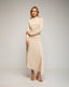 Vestido midi de manga larga con frunce lateral y falda asimetrica con vuelo. Detalle de botones en el hombro. - Tantra Spain