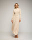Vestido midi de manga larga con frunce lateral y falda asimetrica con vuelo. Detalle de botones en el hombro. - Tantra Spain