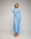 Vestido midi de manga larga con frunce lateral y falda asimetrica con vuelo. Detalle de botones en el hombro. - Tantra Spain