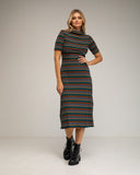 Vestido midi de rayas con manga francesa y cuello barco. - Tantra Spain
