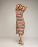 Vestido midi de rayas con manga francesa y cuello barco. - Tantra Spain